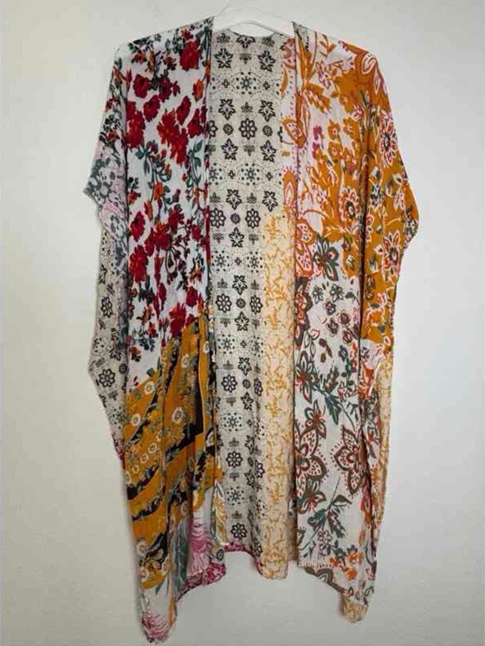 Boho Floral Patchwork Kimono Cardigan in Mustard and Red